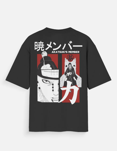 Black t-shirt with anime-themed design on a white background